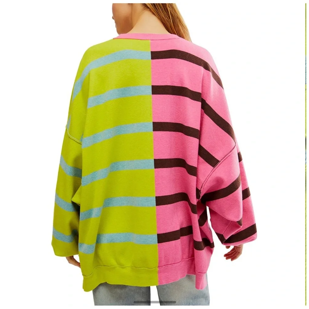 NWT Free People Uptown Stripped Pullover in Aura Lime Combo size S